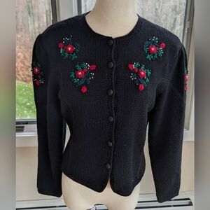 VTG 80s Susan Bristol Handcrafted Embroidery Wool Black Cardigan S Cottagecore